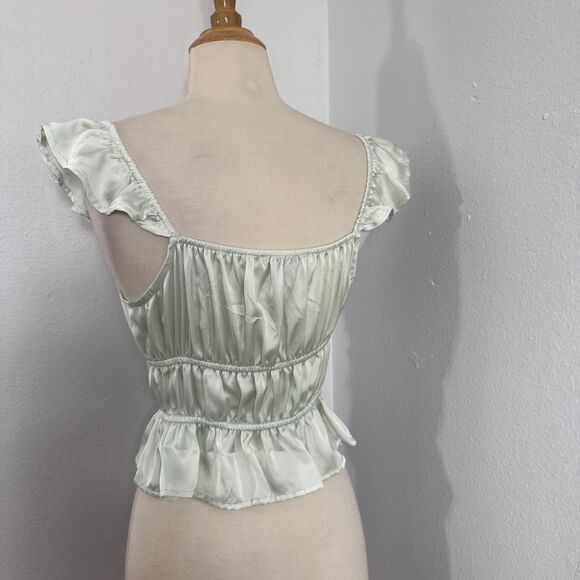 Foreza 21 Top Women S Mint Green‎ Satin Ruffle Milkmaid Fairy 90s Y2K - Picture 4 of 9